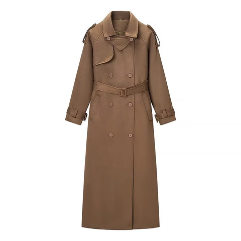 Women Elegant Double Breasted Trench Coat With Belt Long Sleeve Lapel Suede Look Solid Color Casual Autumn Winter Outerwear