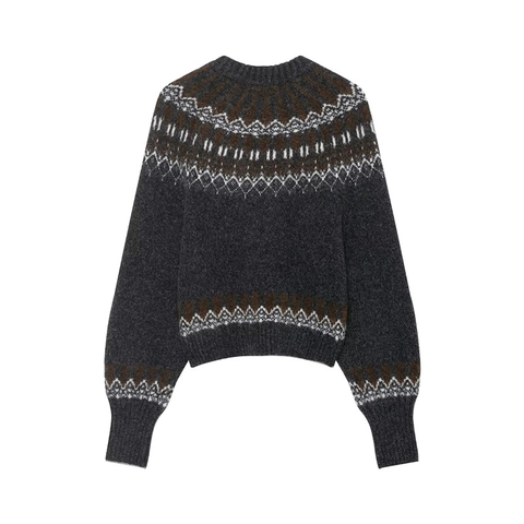 Suéter de Punto Fair Isle Vintage para Mujer Cuello Redondo Retro Manga Larga Gris Oscuro Patrón de Copo de Nieve Geométrico