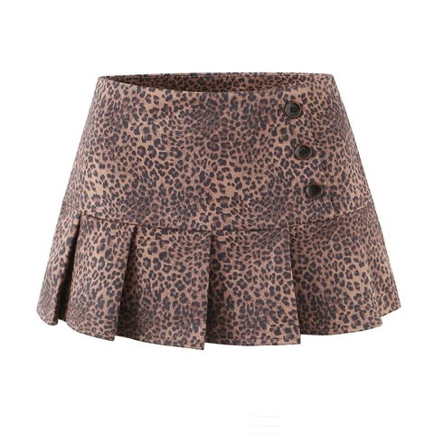 Gonna Mini Plissettata con Stampa Leopardata da Donna Vita Alta Decorazione con Bottoni Laterali Gonna Corta a Linea A