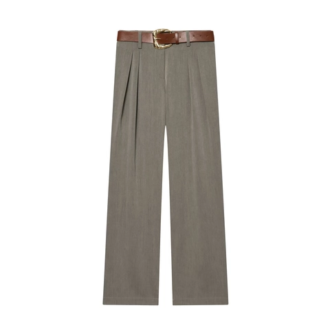 Damen High Waist Hose Mit Geradem Bein Und Gürtel Vintage Gold Schnalle Polyester Business Büro Trousers Meliertes Grau