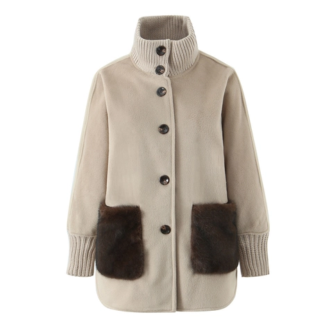 Damen Eleganter Stehkragen Patchwork Mantel Mittellang Kunstpelz Tasche Rippstrick Patchwork Langarm Knopf Warme Jacke