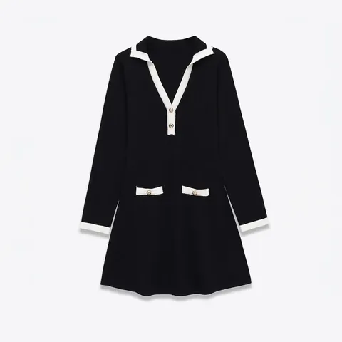 Robe Mini en Tricot Élégante pour Femmes Manches Longues Col en V à Revers Color-block Robe Trapèze Avec Boutons Dorés Casual Bureau