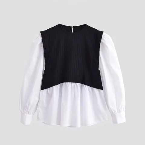 Top Falsa Dos Piezas para Mujer Contraste de Color Mangas de Linterna Cuello Redondo Patchwork Dobladillo con Volantes Blusa Francesa