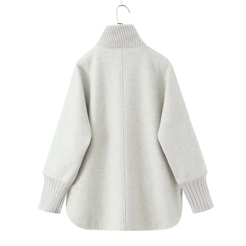 Damen Eleganter Stehkragen Patchwork Mantel Mittellang Kunstpelz Tasche Rippstrick Patchwork Langarm Knopf Warme Jacke