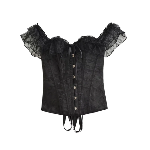 Top de Corsé de Encaje Estilo Corte Vintage para Mujer Hombros Descubiertos Jacquard Satin Sexy Bustier Con Busk de Metal
