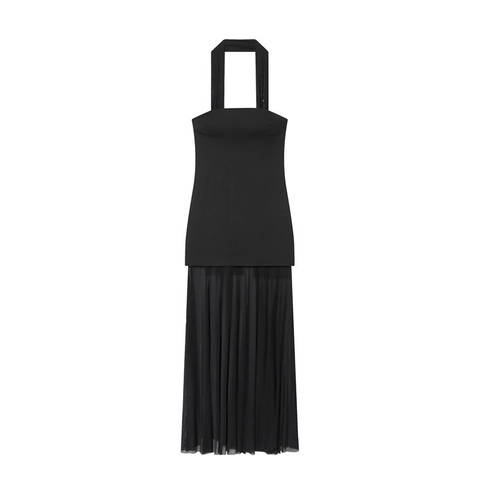 Dames Halter Rugloos Mesh Patchwork Geplooid Maxi Jurk Elegant Effen Zwart Mouwloos Lang Jurk Voor Feest Nachtclub Straatstijl