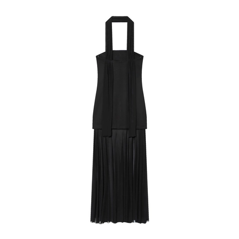 Dames Halter Rugloos Mesh Patchwork Geplooid Maxi Jurk Elegant Effen Zwart Mouwloos Lang Jurk Voor Feest Nachtclub Straatstijl