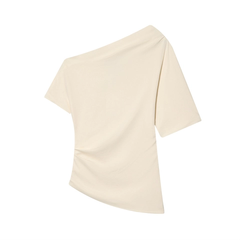 Blusa Asimétrica de Cuello Oblicuo para Mujer Fruncido Elegante Manga Corta Satén Top Minimalista Color Sólido Crema Fiesta