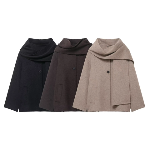 Cappotto da Donna Casual con Collo a Sciarpa in Lana Media Lunghezza Monopetto Tinta Unita Giacca Larga Moda Autunno Inverno