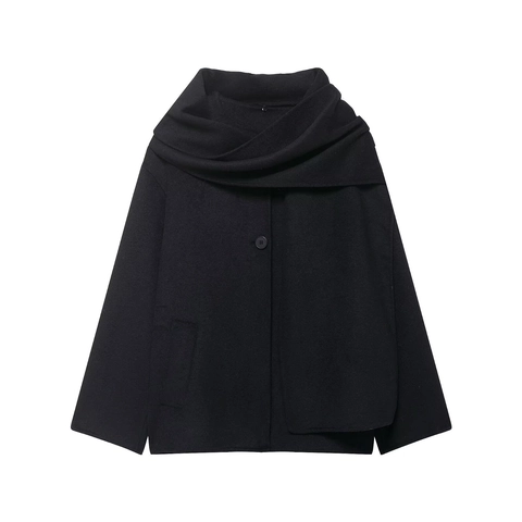 Cappotto Donna con Collo a Sciarpa Misto Lana Casual Largo Lunghezza Media Autunno Inverno Capispalla Giacca con Tasca Monopetto Soprabito Elegante
