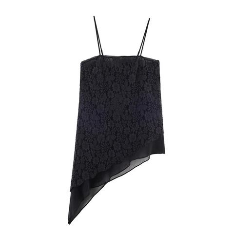 Dames Sexy Zwart Kant Hemdje Asymmetrische Zoom Bloemen Mesh Chiffon Patchwork Rugloos Spaghetti Strap Top