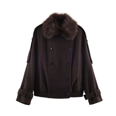 Dames Bontkraag Wollen Jas Double Breasted Kort Jasje Winter Warm Elegant Dikke Bovenkleding Effen Kleur Mode Jas
