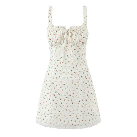Women Sexy Floral Cami Dress French Pastoral Style Backless Lace Up Ruffle Square Neck Slim Fit Mini Dress Summer Sun Dress