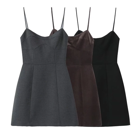 Vestido Mini de Mujer Estilo Occidental Ajustado con Tirantes Camisola Color Sólido Plisado Cuello en V Línea A