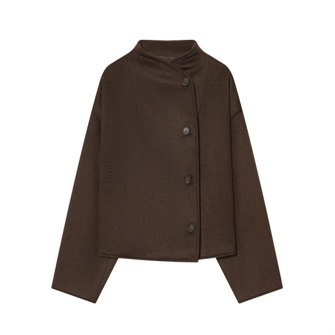 Women's Casual Woolen Stand Collar Short Jacket Asymmetric Button Down Long Sleeve Loose Fashion Solid Color Fall Coat Outerwear