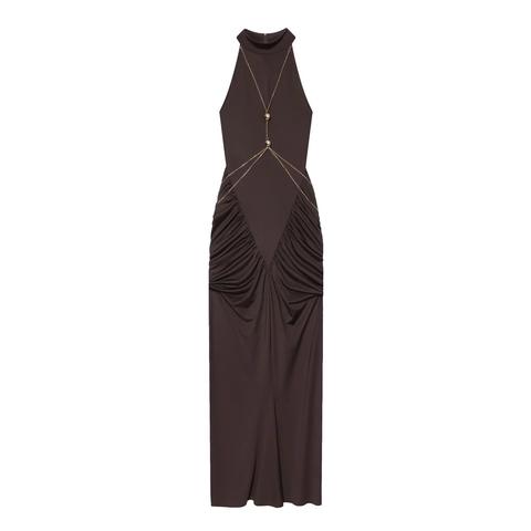 Vrouwen Halternek Maxi Jurk Met Metalen Ketting Lichaam Decoratie Mouwloos Gerimpeld Slanke Pasvorm Open Rug Lange Avondfeestjurk