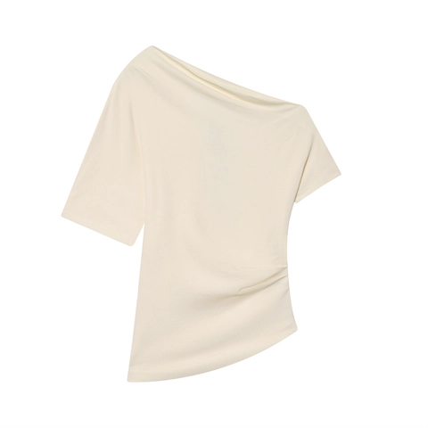 Blusa Asimétrica de Cuello Oblicuo para Mujer Fruncido Elegante Manga Corta Satén Top Minimalista Color Sólido Crema Fiesta