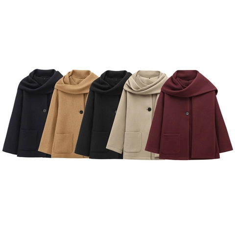 Cappotto Donna con Collo a Sciarpa Effetto Misto Lana Bottone Singolo Giacca Larga Manica Lunga Autunno Inverno Elegante