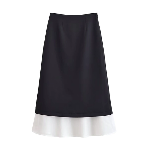 Dames Hoge Taille Zwart Wit Patchwork Midi Rok Elegant Contrastkleur A-Lijn Rechte Rok Chic Casual Kantoor Rok
