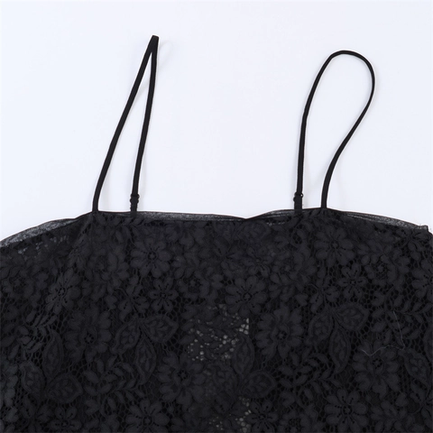 Dames Sexy Zwart Kant Hemdje Asymmetrische Zoom Bloemen Mesh Chiffon Patchwork Rugloos Spaghetti Strap Top