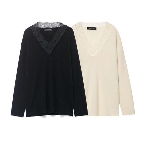 Dames V-Hals Gebreide Trui Met Kant Casual Lange Mouwen Pullover Losse Effen Kleur Mode Top