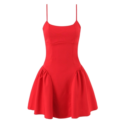 Women Sexy Red Spaghetti Strap Mini Dress Solid Color Ruched Waist A-Line Skirt Sleeveless Party Club Casual Dress For Lady