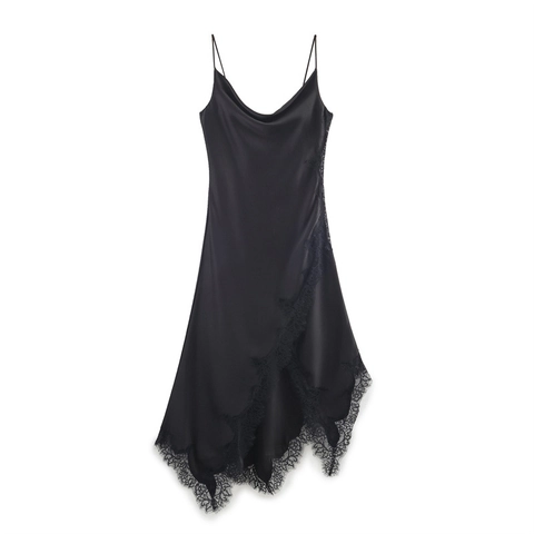 Dames Sexy Satijnen Midi Jurk Gedrapeerde Hals Kantafwerking Asymmetrische Zoom Spaghettibandjes Elegante Slipdress