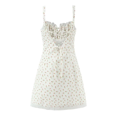 Women Sexy Floral Cami Dress French Pastoral Style Backless Lace Up Ruffle Square Neck Slim Fit Mini Dress Summer Sun Dress