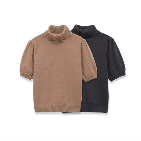 Dames Gebreide Top met Halve Hoge Hals en Pofmouwen Effen Kleur Casual Losse Trui Elegant Kantoor Herfst Kleding