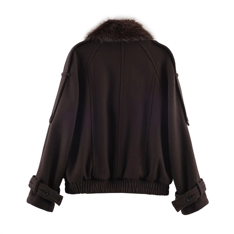 Dames Bontkraag Wollen Jas Double Breasted Kort Jasje Winter Warm Elegant Dikke Bovenkleding Effen Kleur Mode Jas
