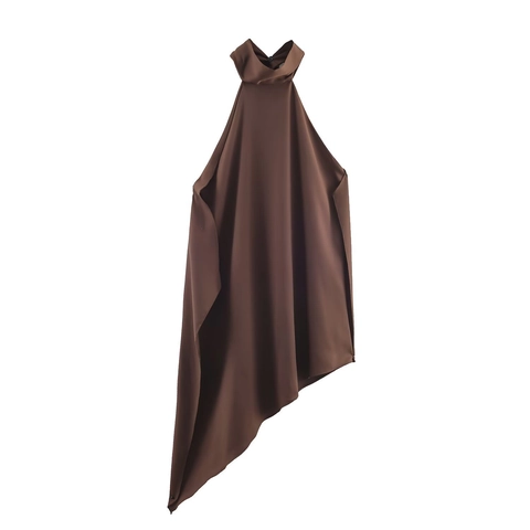 Women Asymmetric Halter Neck Sleeveless Top Brown Satin Texture Irregular Hem Sexy Backless Streetwear Fashion T-Shirt