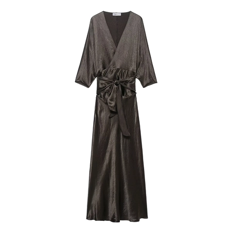 Women's V-Neck Long Sleeve Satin Texture Maxi Dress With Tie Waist Elegant Solid Color Pleated Long Dress For Party Casual