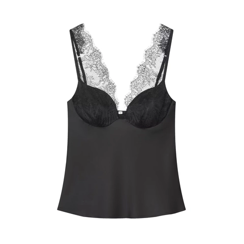 Damen Schwarz Satin Camisole Top Spitzen Patchwork Tiefer V Ausschnitt Sexy Slim Fit Verstellbar Spaghetti Träger Tank Top Streetwear