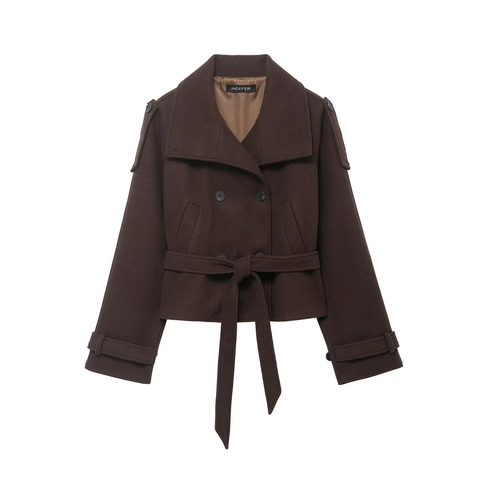 Dames Double-Breasted Korte Wollmix Jas Met Riem Herfst Winter Revers Overjas Lange Mouw Effen Kleur Bovenkleding