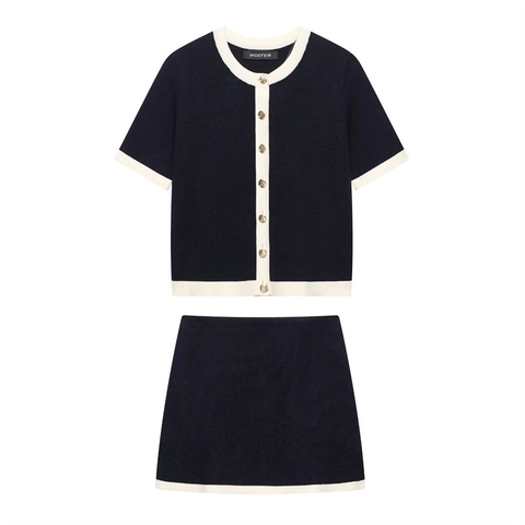 Franse Stijl Marineblauw Contrast Bies Gebreid Vest En Mini Rok Dames Elegant Ronde Hals Korte Mouw Top En Rok