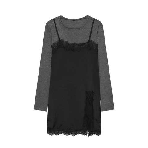 Γυναικείο Casual Layered Φόρεμα Στρογγυλή Λαιμόκοψη Μακρύ Μανίκι Γκρι Πλεκτό Με Μαύρο Σατέν Δαντελωτό Camisole Μίνι Φόρεμα