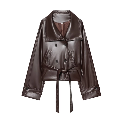 Dames Casual Kunstleer Kort Jasje Double-breasted Revers Windbreaker Met Riem Losse Pasvorm Effen Kleur Streetwear Biker Jas