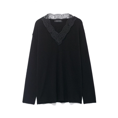Dames V-Hals Gebreide Trui Met Kant Casual Lange Mouwen Pullover Losse Effen Kleur Mode Top