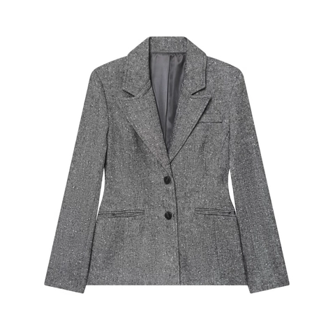 Women Casual Herringbone Blazer Jacket Fashion Grey Notched Lapel Single Breasted Long Sleeve Office Streetwear Outerwear