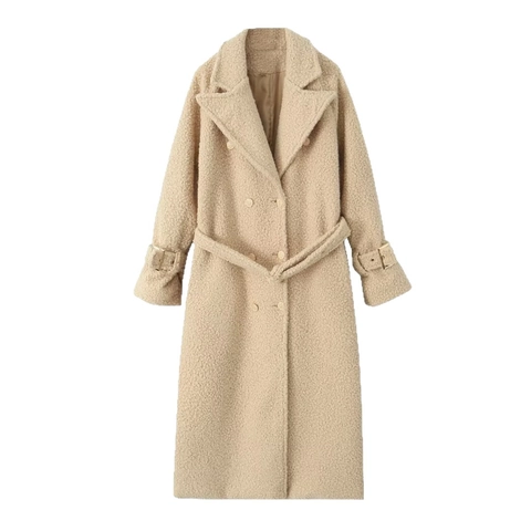 Women's Elegant Milk Apricot Faux Fur Long Coat Double Breasted Lapel Teddy Fleece Jacket With Belt Warm Winter Outerwear