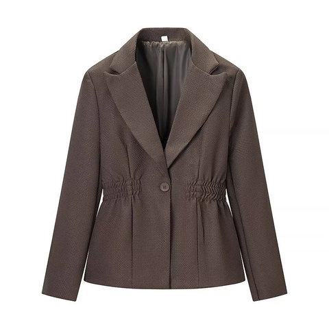 Women Deep V Neck Blazer Jacket Slim Fit Cinched Waist Gathered Long Sleeve Single Button Textured Solid Office Blazer