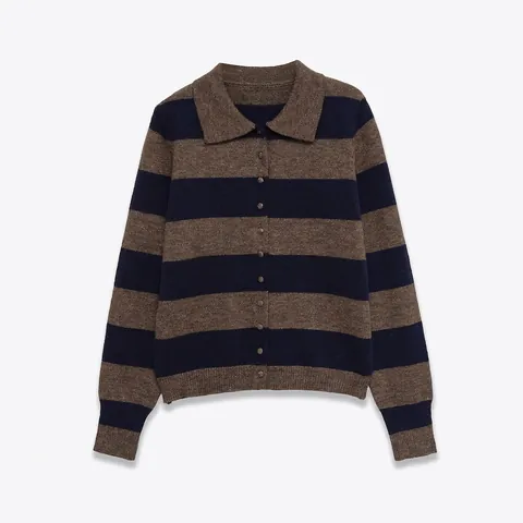 Women's Casual Striped Knit Sweater Polo Collar Lapel Long Sleeve Button Down Retro Loose Knitted Top Polyester Jumper