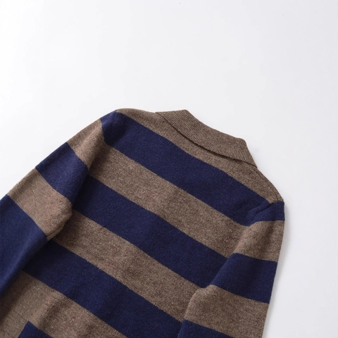 Women's Casual Striped Knit Sweater Polo Collar Lapel Long Sleeve Button Down Retro Loose Knitted Top Polyester Jumper
