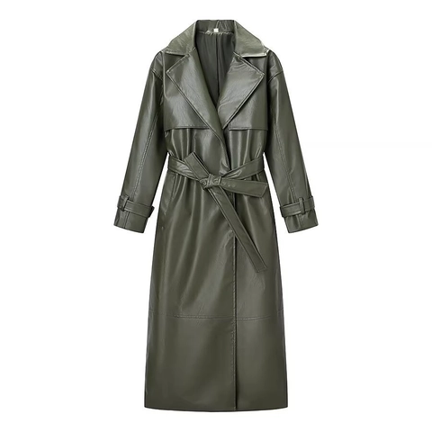 Women Long PU Leather Trench Coat Lapel Belted Waist Loose Fit Windbreaker Outerwear Faux Leather Jacket