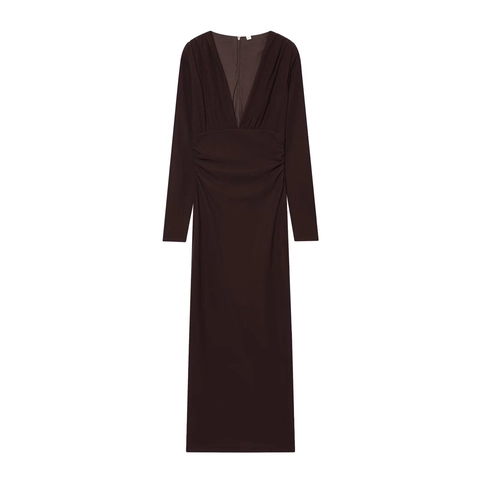 Elegant V Neck Ruched Bodycon Maxi Dress Long Sleeve Slim Fit Pleated Evening Party Dress For Women Solid Color