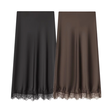 Dames Elegante Satijnen Midi Rok Met Kant Afgewerkte Zoom Hoge Taille Glanzende A-Lijn Rok Voor Casual Dagelijks Feest Chic