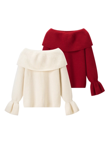 Women Elegant Off-The-Shoulder Rib-Knit Sweater Ruffled Bell Sleeve Solid Color Slim Pullover Autumn Winter Casual Top