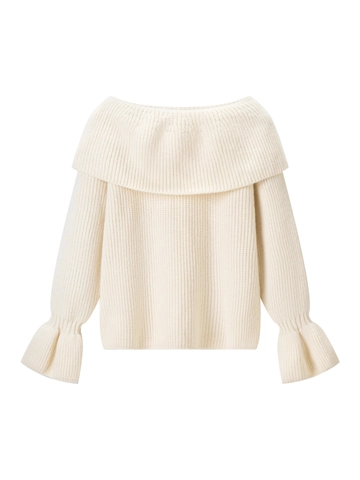 Women Elegant Off-The-Shoulder Rib-Knit Sweater Ruffled Bell Sleeve Solid Color Slim Pullover Autumn Winter Casual Top