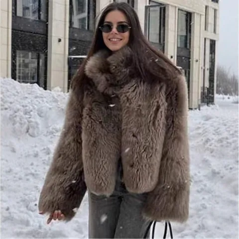 Cappotto in Pelliccia Sintetica di Volpe Donna Elegante Collo alla Coreana Caldo Autunno Inverno Giacca in Pelliccia Sintetica Manica Lunga