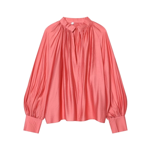 Women's Elegant Satin V-Neck Pleated Blouse Lantern Sleeve Solid Color Pullover Top Office Lady Fashion Casual Shirt